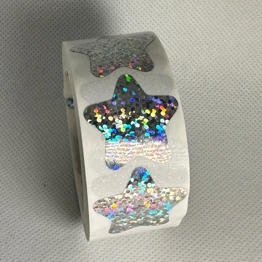 Holographic Silvery Star Stickers Self Adhesive Metallic Glitter Foil 1" - Picture 7 of 10